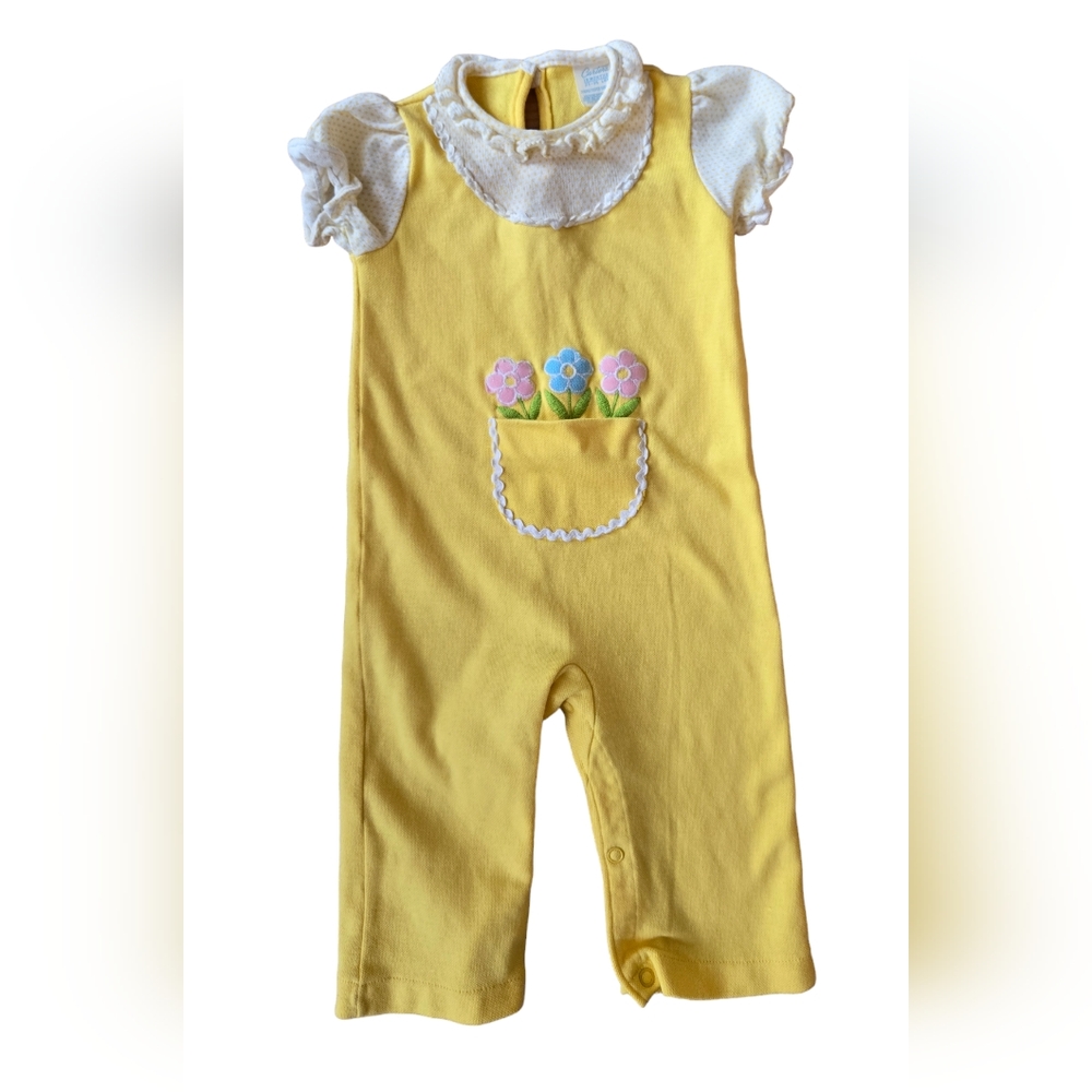 Vintage 1980s Carter's yellow collared cottagecore pants romper jumpsuit